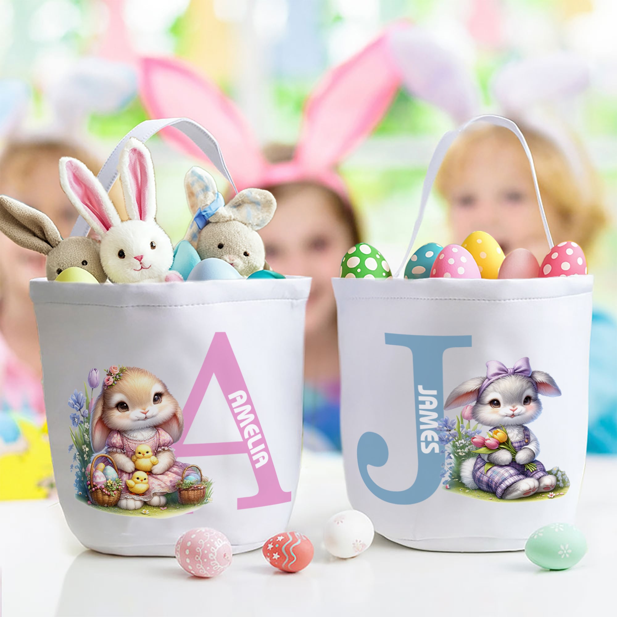 Cesta de Pascua de lona personalizada con conejito de dibujos animados con nombre e inicial Accesorios para la caza del huevo Regalo de Pascua para niños Niñas