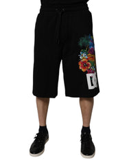 Men's Black Cotton Logo Floral Print Bermuda Shorts