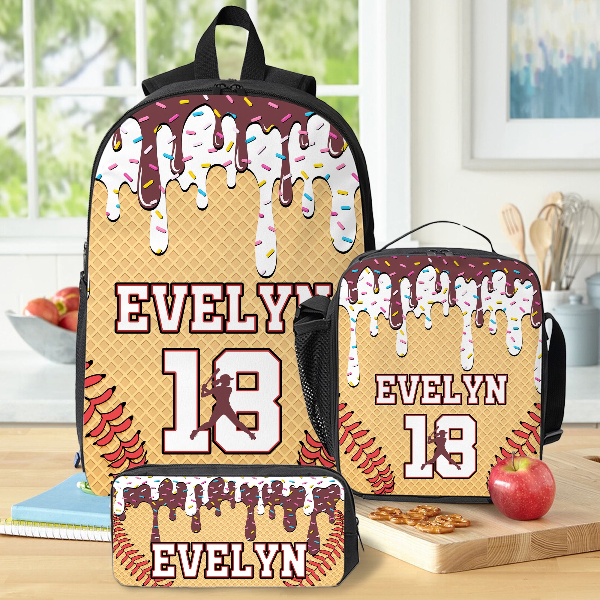 Helado personalizado goteo de béisbol Deportes Mochila Bolsa de almuerzo Estuche con nombre y número de vuelta a la escuela Regalo para Niños Estudiantes