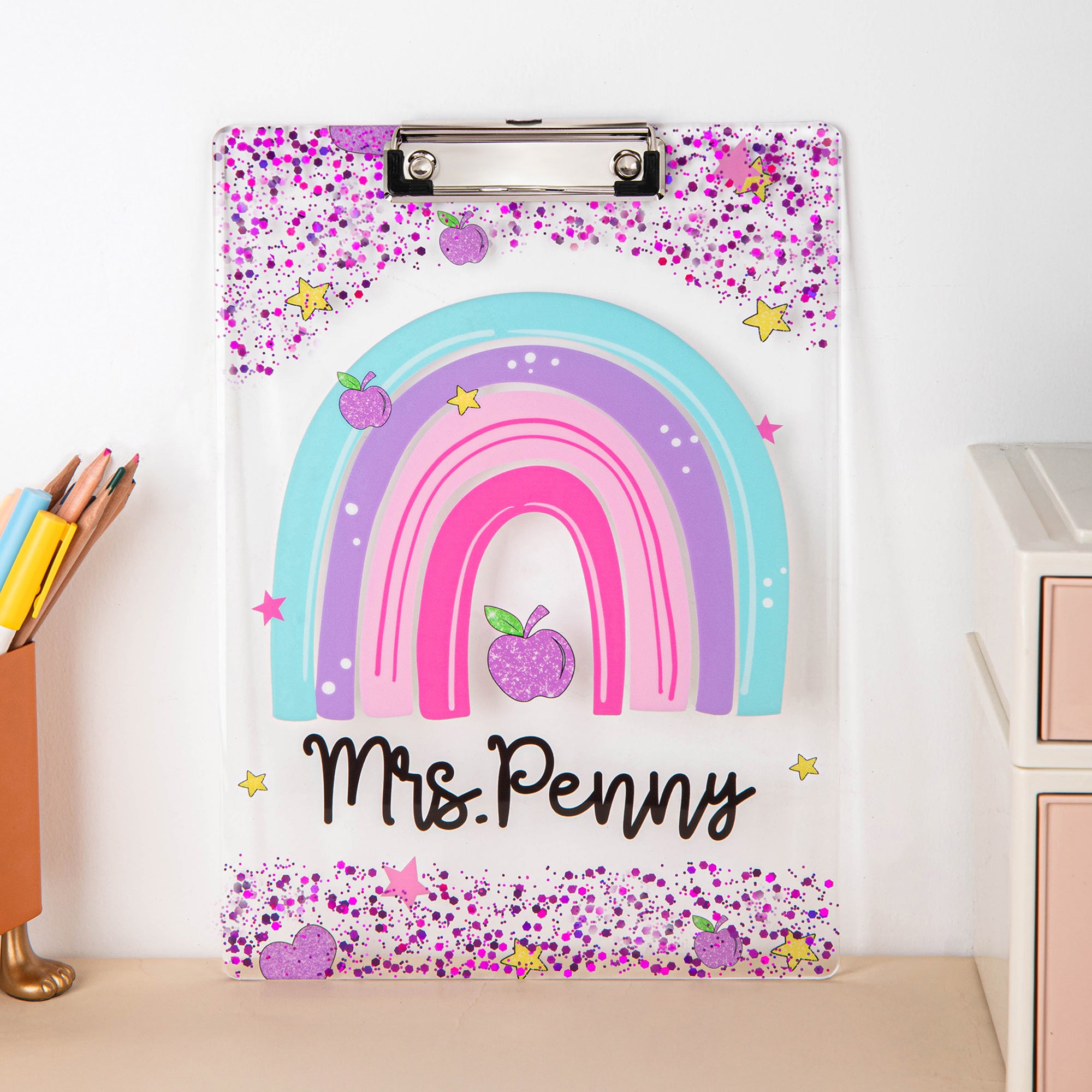 Portapapeles acrílico personalizado con texto Manzana arco iris purpurina Material escolar Regalo para profesores en la semana de agradecimiento a los profesores
