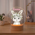 Personalizado lindo animal de dibujos animados corona floral de acrílico LED Luz de noche con nombre y base de madera Cumpleaños Regalo de Navidad para los niños