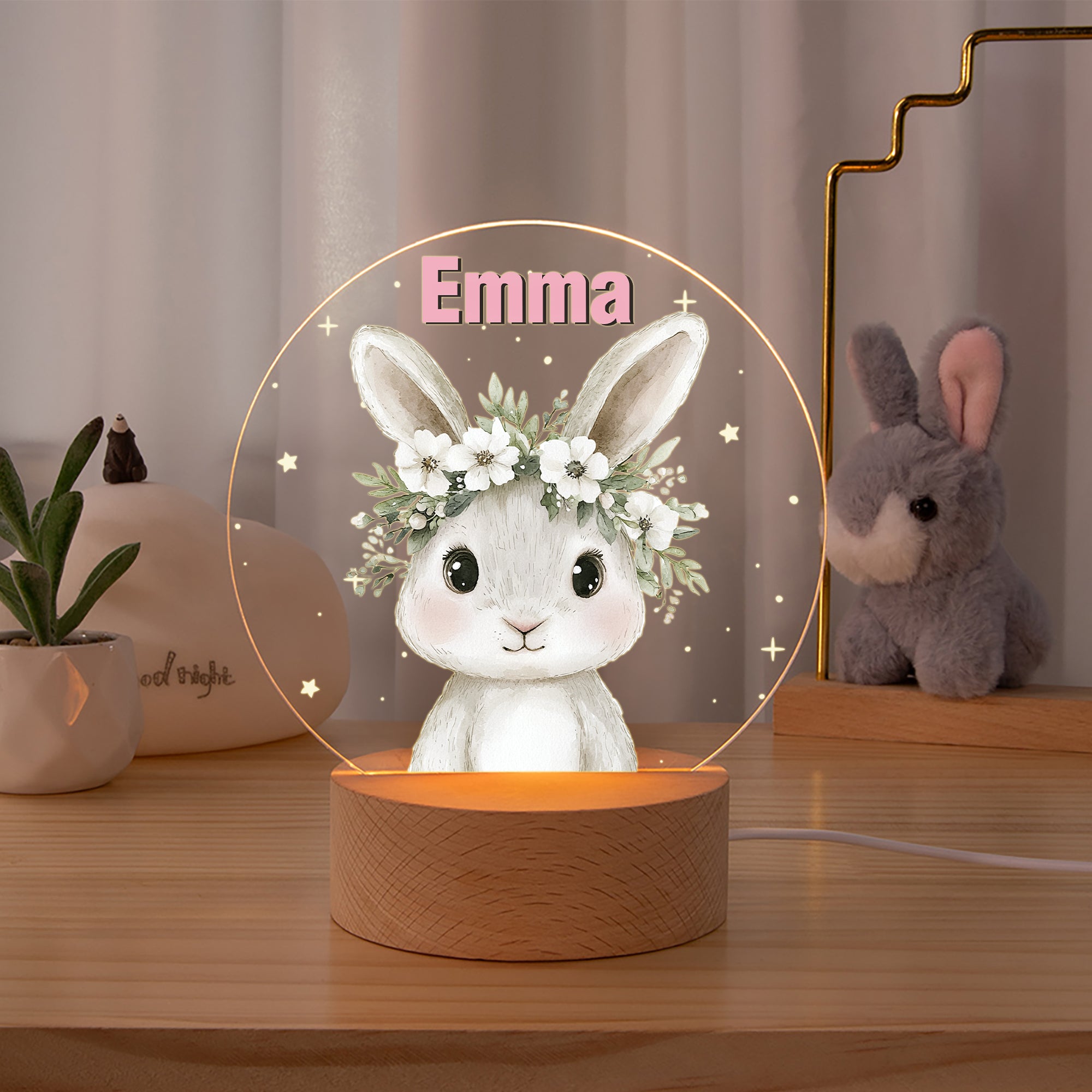 Personalizado lindo animal de dibujos animados corona floral de acrílico LED Luz de noche con nombre y base de madera Cumpleaños Regalo de Navidad para los niños