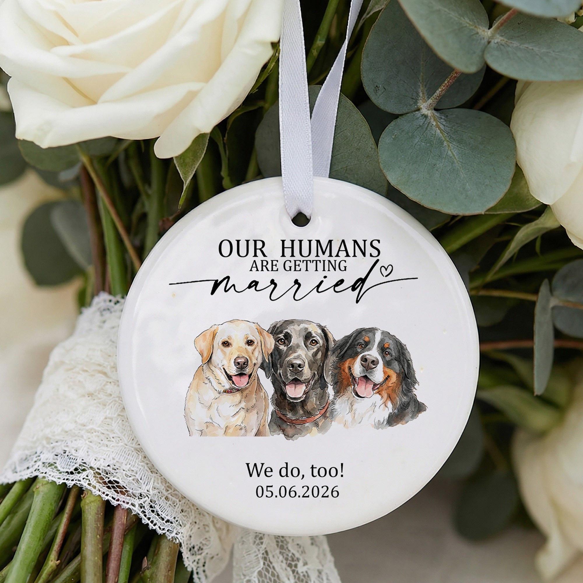 Adorno redondo de cerámica personalizado con foto de mascota con nombre y año Decoración de ventana Regalo de compromiso para novia Novio Amante de las mascotas