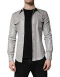 Men's Metallic Gray Cotton Button Down Shirt Elastane