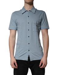 Blue Cotton Button Down Casual Men Polo Shirt Light