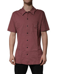 Dark Pink Button Down Casual Polo Men Shirt Cotton