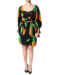 Women's Black Silk Pineapple Draped Print Wrap Dress Elastane