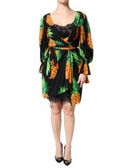Women's Black Silk Pineapple Draped Print Wrap Dress Elastane