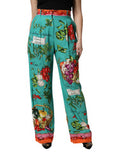 Women's Green Silk Printed Straight Pants Elastane