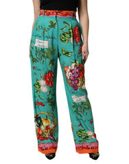 Women's Green Silk Printed Straight Pants Elastane