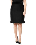 Women's Black Wool Fringe High Waist Pencil Mini Skirt