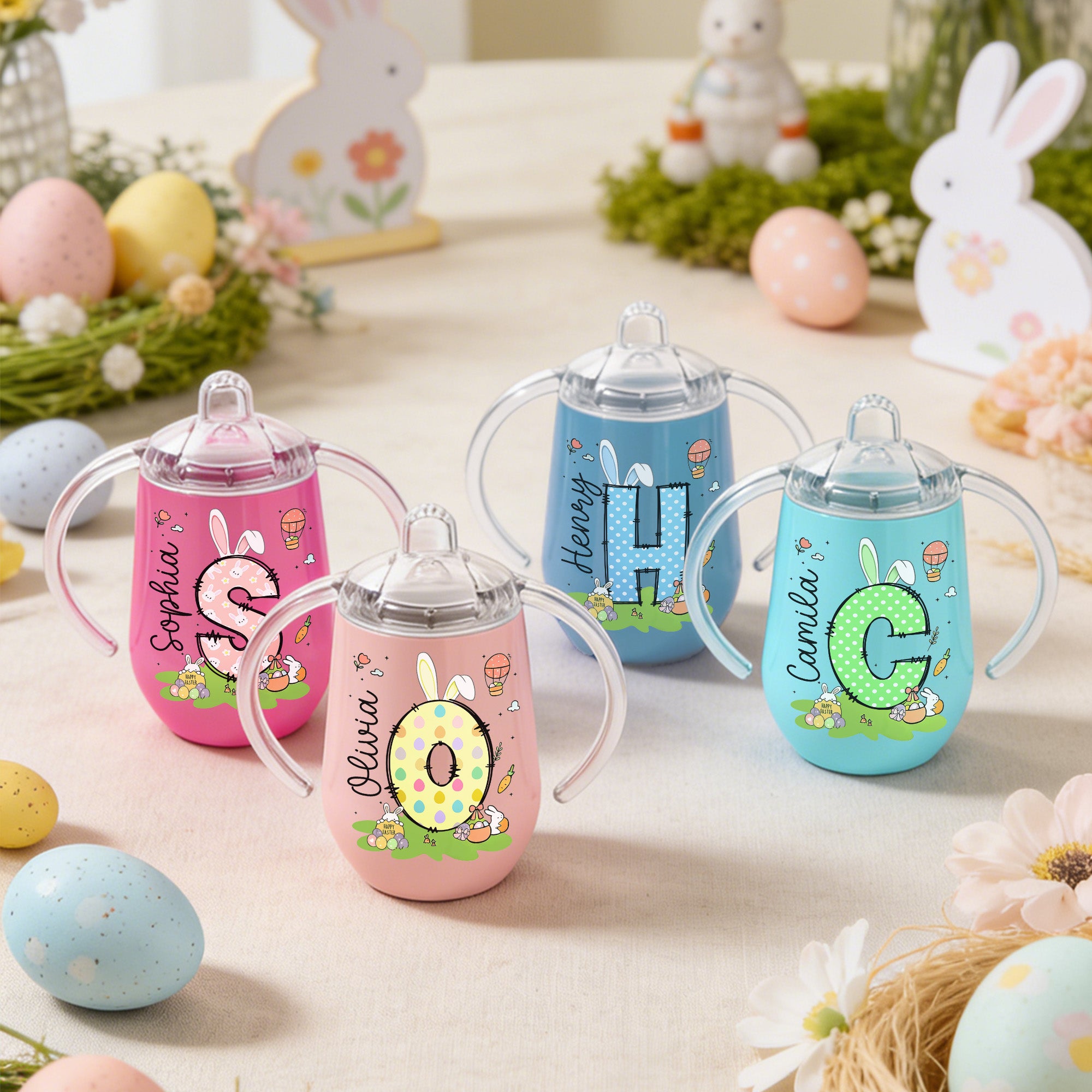 Huevo de Pascua con Orejas de Conejito Floral Personalizado 10 oz Taza aislada con nombre y asa Baby Shower Birthday Gift for Toddlers Kids