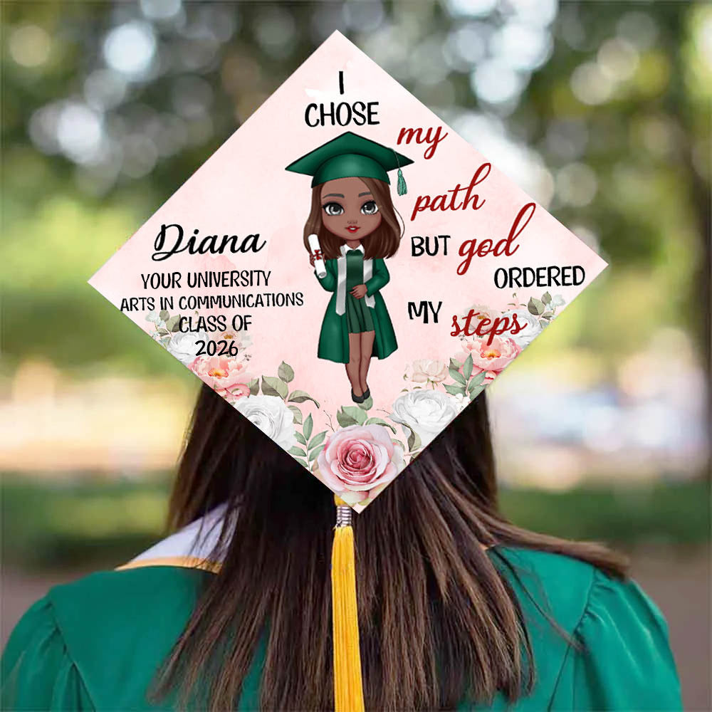 Personalizado Elegí Mi Camino Pero Dios Ordenó Mis Pasos Cap Topper de Graduación con Dibujos Animados Graduado Regalo de Graduación para Mujeres Reinas Negro