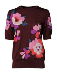 Women's Maroon Floral Silk Crew Neck Blouse Top