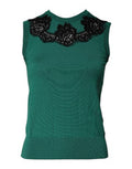 Women's Green Wool Lace Detail Sleeveless Tank Top Virgin Cotton Nylon
