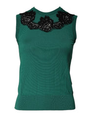 Women's Green Wool Lace Detail Sleeveless Tank Top Virgin Cotton Nylon