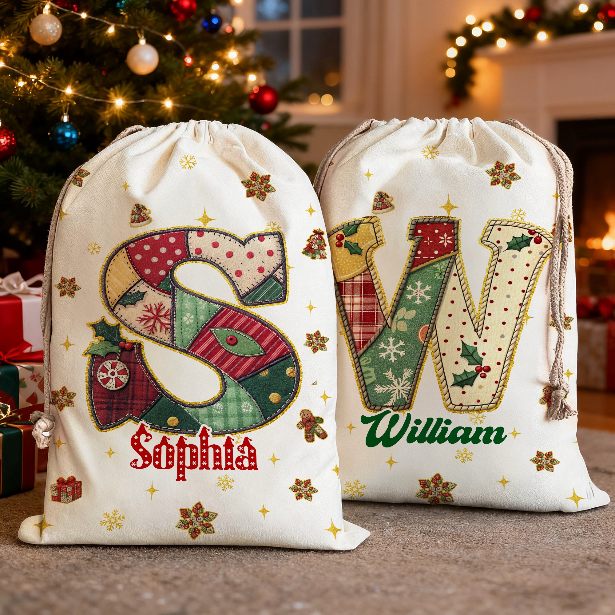Árbol de Navidad Personalizado Copo de Nieve Inicial Bolsa de Regalo de Lona con Nombre Fiesta de Nochebuena para Niños Amigos Familia