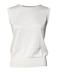 Women's Cream Sleeveless Silk Round Neck Tank Top