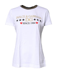 Women's White Printed Round Neck Top Cotton T-Shirt