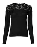 Women's Black Floral Lace Long Sleeves Blouse Top Cashmere Silk Cotton Nylon