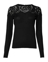 Women's Black Floral Lace Long Sleeves Blouse Top Cashmere Silk Cotton Nylon