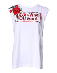 Women's White Floral Graphic Print Sleeveless Tank Top Cotton