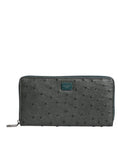 Men's Green Ostrich Logo Plaque Zip Around Continental Wallet