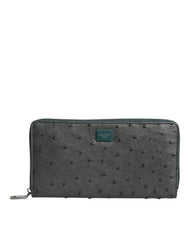 Men's Green Ostrich Logo Plaque Zip Around Continental Wallet