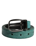 Men's Green Leather Silver Tone Metal Buckle Belt