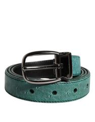 Men's Green Leather Silver Tone Metal Buckle Belt