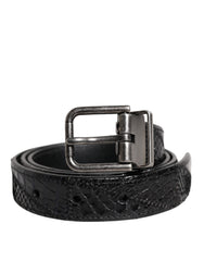 Men's Black Exotic Leather Metal Logo Buckle Belt