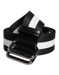 Men's Black Yellow Logo Striped Metal Buckle Belt Nylon