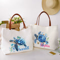 Bolsa de lona reutilizable con nombre y asa de piel de PU Personalizada Tortuga Marina Floral Azul Esencial Regalo de cumpleaños para mujer