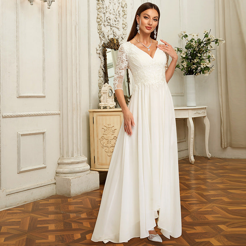 Bridal Wedding Dress Ivory Long Sleeve Asymmetrical V-Neck A-line