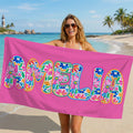 Toalla de playa personalizada con letras florales de gran tamaño y secado rápido con nombre Actividades al aire libre Fiesta en la playa Regalo de cumpleaños para mujeres Familia
