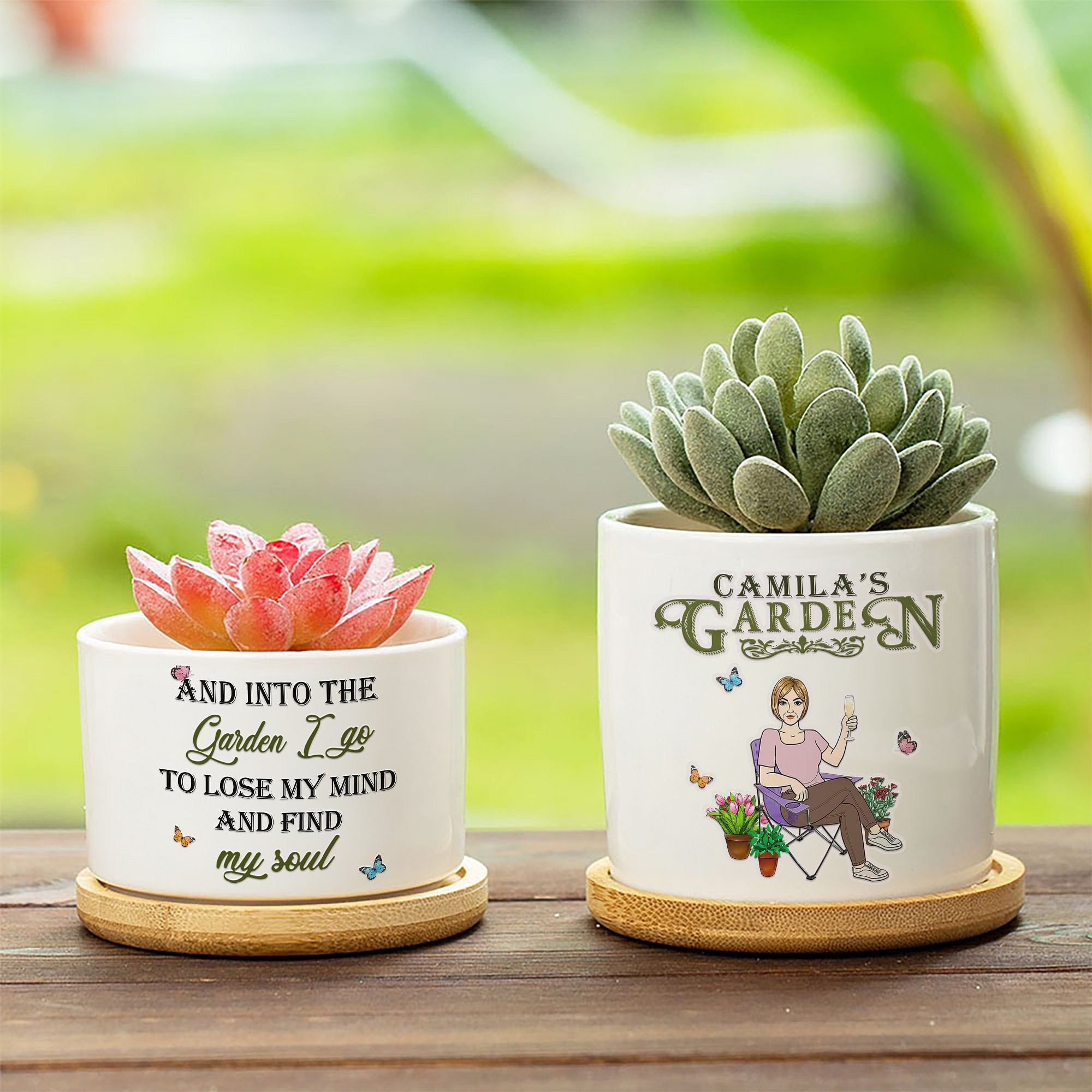 Maceta de cerámica con drenaje y base de bambú Personalizada Retro Garden Cartoon Character Regalo de cumpleaños esencial para la familia amante de la jardinería