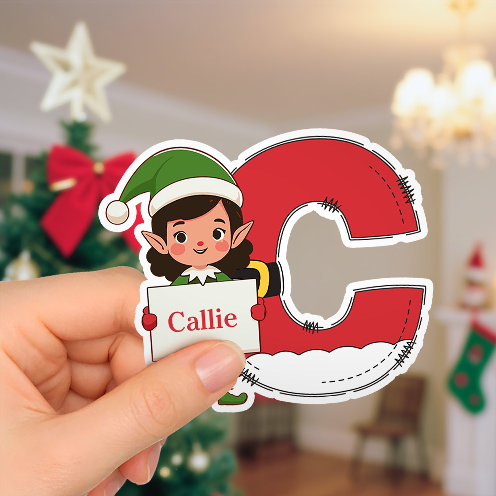 Personalizado de dibujos animados lindo Elf Etiquetas adhesivas a prueba de agua con la inicial y el nombre de Navidad decoración de la fiesta de regalo para la familia de los niños