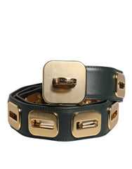 Women's Green Leather Gold Tone Rotating Buckle Belt
