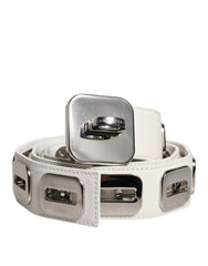 Women's White Leather Gold Tone Rotating Buckle Belt