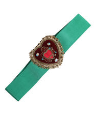 Women's Green Stretch Wide Waist Heart Embellished Belt Cotton Viscose