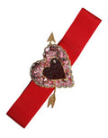 Women's Red Stretch Wide Waist Heart Embellished Belt Cotton Viscose