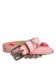 Women's Pink Embelished Roses Textured Leather Belt Brass