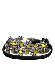 Women's Black Leather Daisy Crystal Embellish Waist Belt