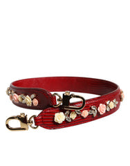 Women's Red Leather Floral Embellish Bag Shoulder Strap Calf