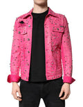 Men's Pink Crystal Embellished Cotton Denim Jacket Elastane Clothing