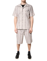 Beige Floral Print Cotton Men Pajama Set Sleepwear Clothing