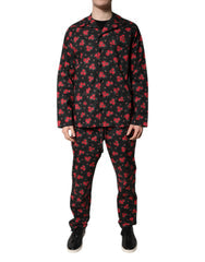 Black Floral Print Cotton Men Pajama Set Sleepwear Clothing