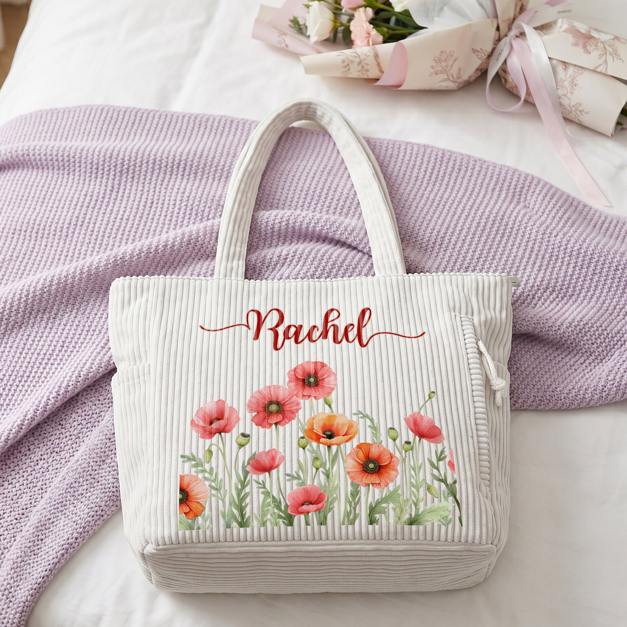 Personalizado Nacimiento Flor Gran Capacidad Bolsa de Pana con Nombre Uso Diario Cumpleaños Día de la Madre Regalo para Mamá Mujer Besties