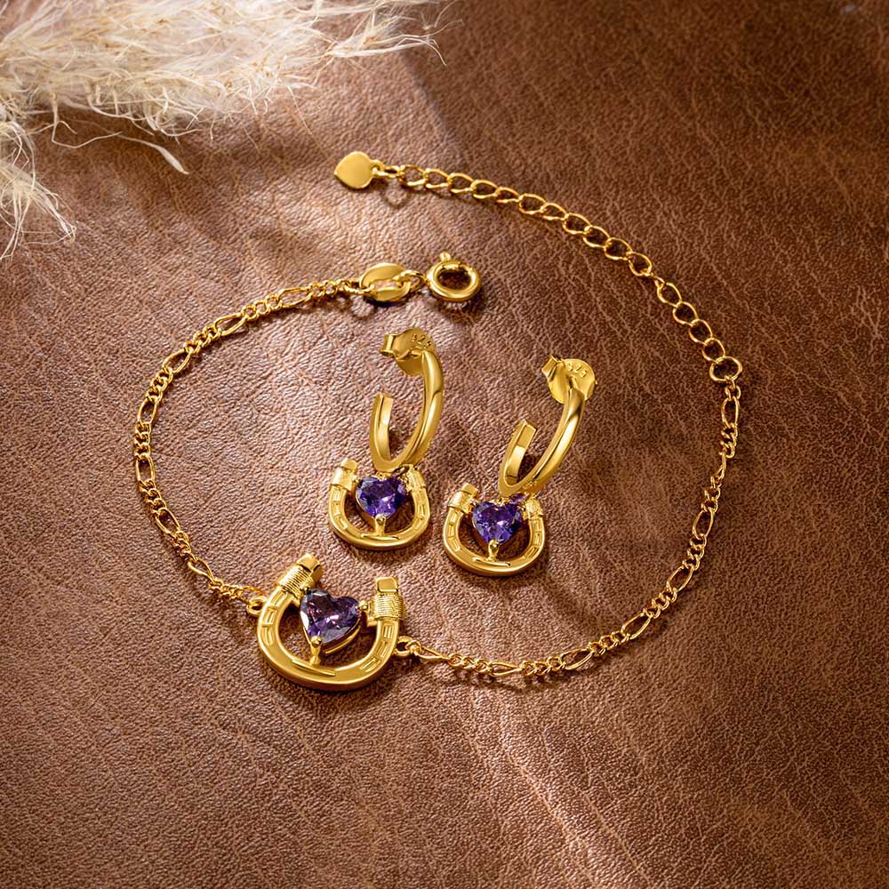 Personalizada Herradura de la Suerte Corazón Piedra de Nacimiento Pulsera y Pendientes Cumpleaños Aniversario Regalo para Amantes de los Caballos Mujeres