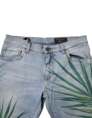Light Blue Leaf Cotton Classic Men Denim Jeans Elastane Clothing